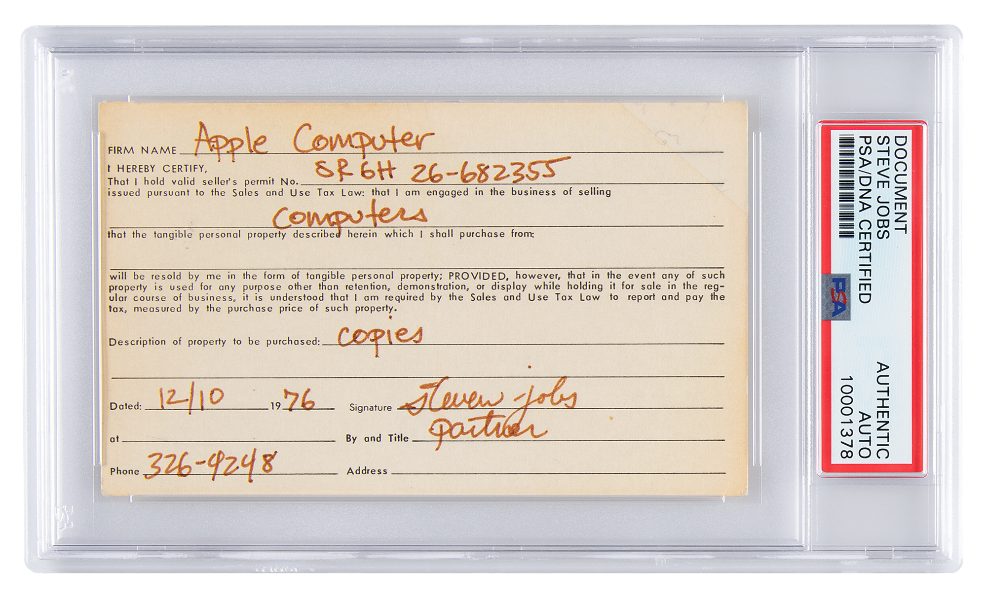 Lot #5009 Steve Jobs 1976 Document Signed