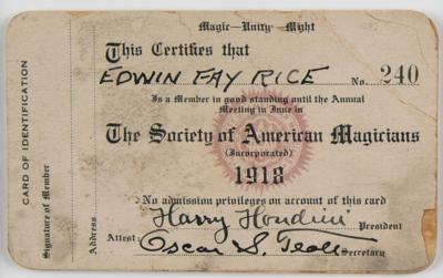 Lot #519 Harry Houdini Signed SAM Membership Card - Image 2