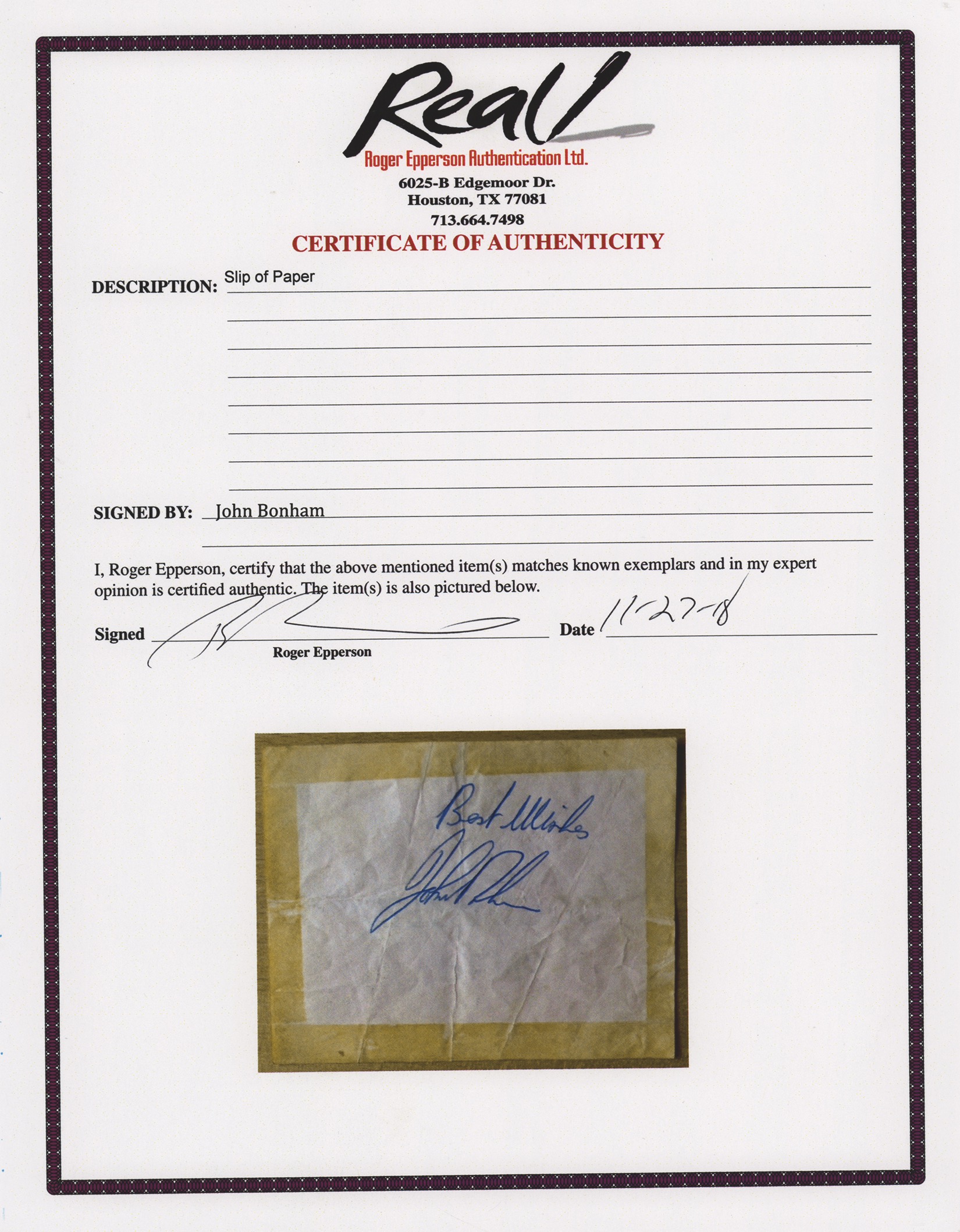Lot #441 Led Zeppelin: John Bonham Signature - Image 2