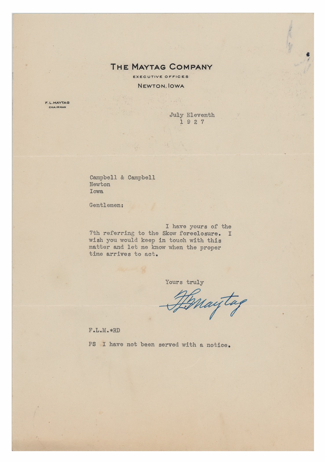 Lot #101 F. L. Maytag Typed Letter Signed