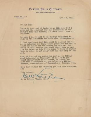 Lot #181 Gordon W. 'Pawnee Bill' Lillie Typed Letter Signed