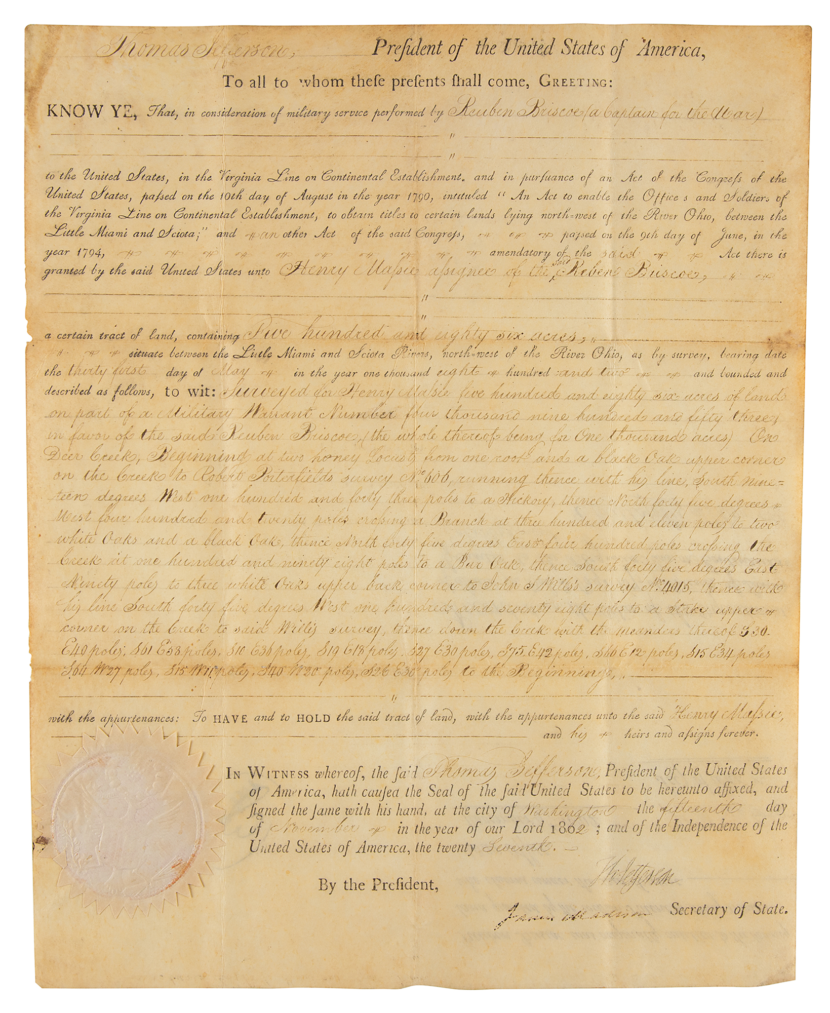 Lot #4 Thomas Jefferson and James Madison Document Signed as President and Secretary of State