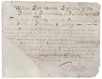 Lot #88 William Penn Partial Document Signed