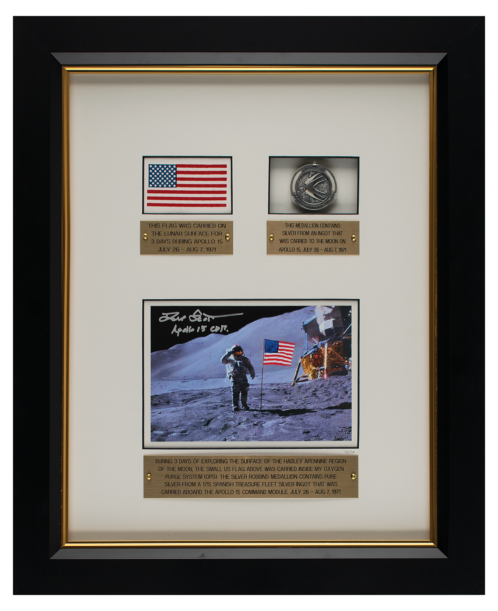 Lot #7437 Dave Scott's Apollo 15 Lunar Landed Flag and Lunar Orbited Metal Robbins Medallion Display