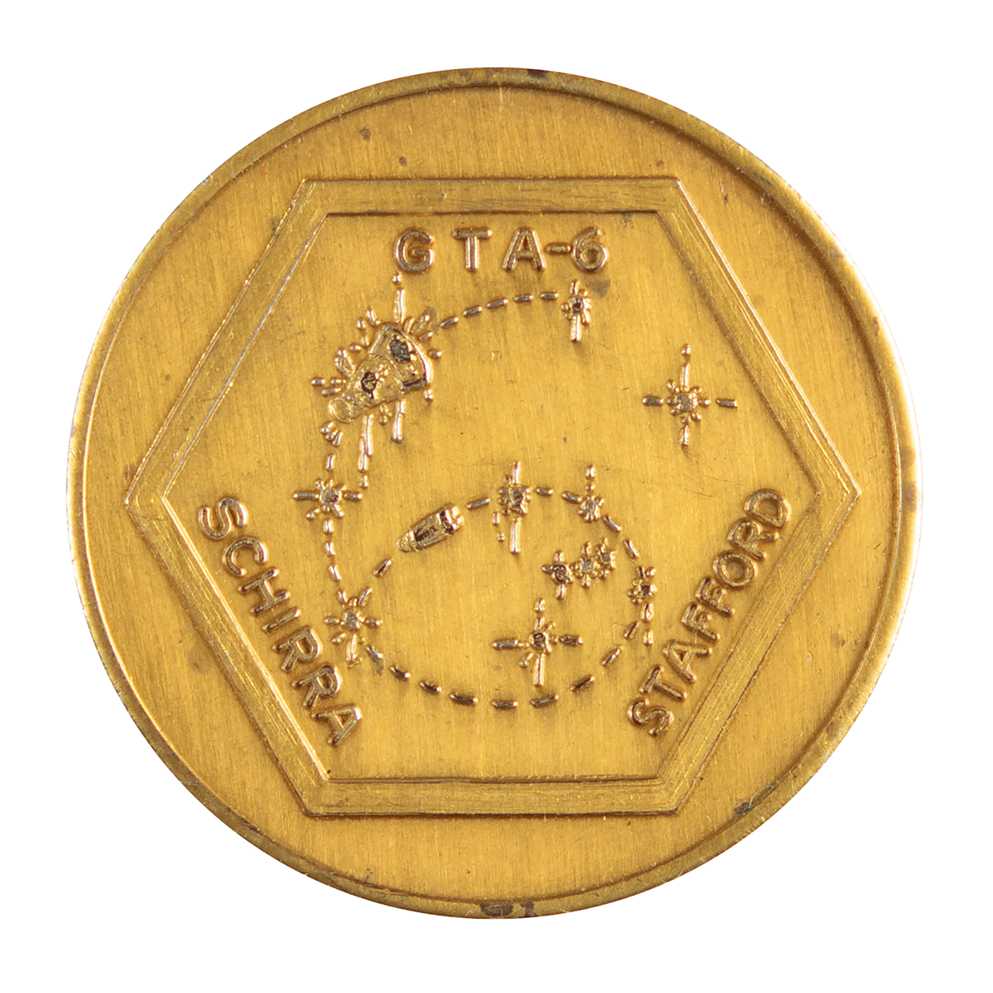 Lot #7083 Wally Schirra's Gemini 6 Flown Gold-Plated Fliteline Medallion