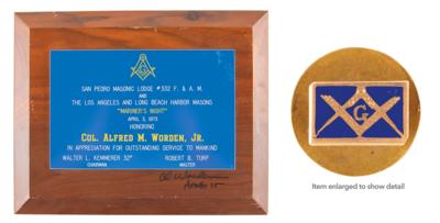 Lot #7487 Al Worden's Masonic Plaque and Pin