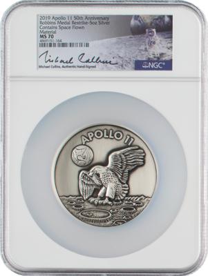 Lot #7277 Apollo 11 Robbins Medal Restrike Signed by Michael Collins - NGC MS 70