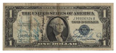 Lot #7022 Mercury Astronauts (5) Signed One Dollar Bill — Grissom, Glenn, Shepard, Carpenter, and Slayton