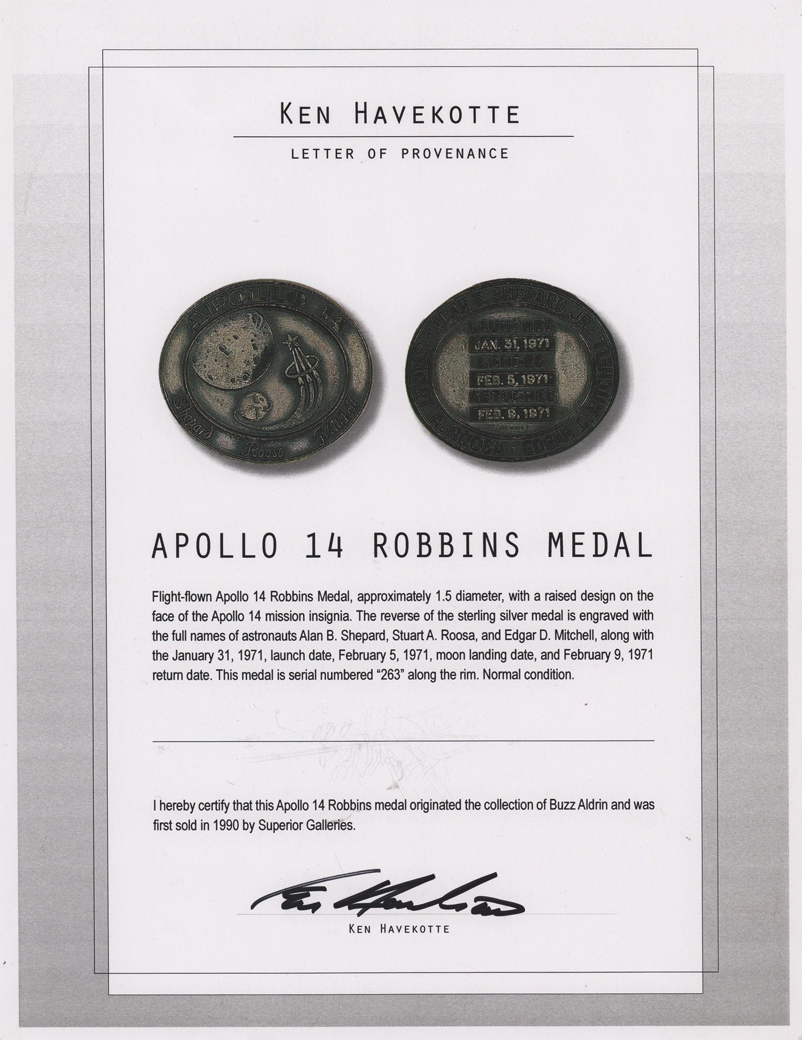 Lot #7405 Apollo 14 Robbins Medallion (Attested as Flown and from the Collection of Buzz Aldrin) - Image 4