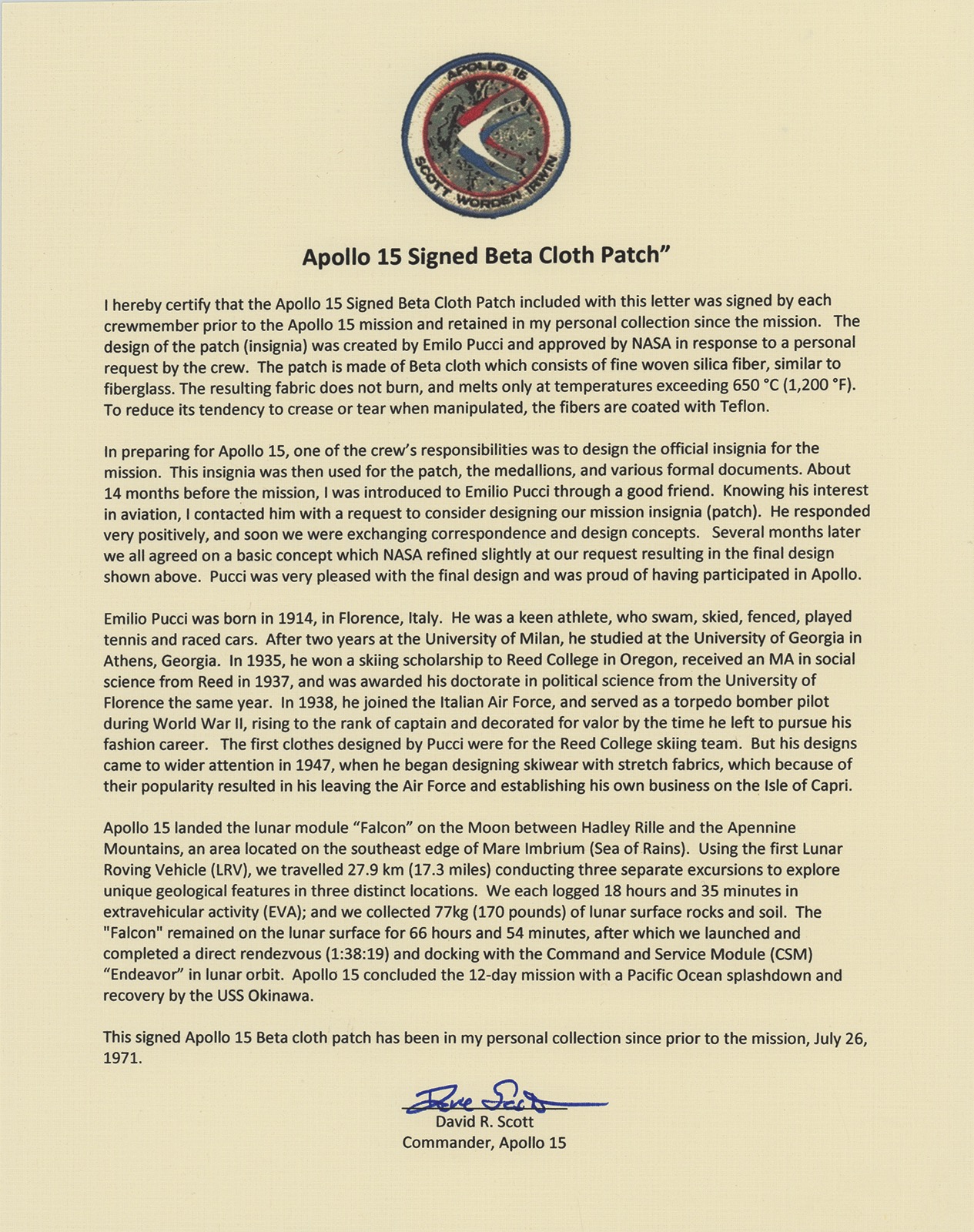 Lot #7902 Dave Scott's Apollo 15 Crew-Signed Beta Cloth Patch - Image 3