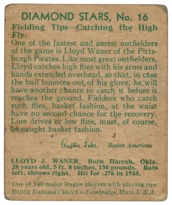 Lot #766 Lloyd Waner Signed 1934 Diamond Stars #16 Baseball Card - Image 2