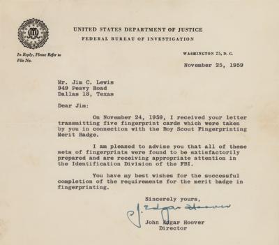 Lot #203 J. Edgar Hoover Typed Letter Signed