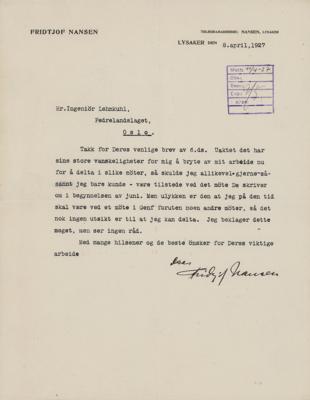 Lot #238 Fridtjof Nansen Typed Letter Signed