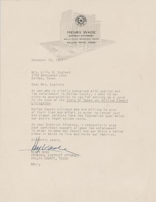 Lot #284 Henry Wade Typed Letter Signed
