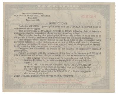 Lot #261 Prohibition: 1933 Alcohol Prescription - Image 2