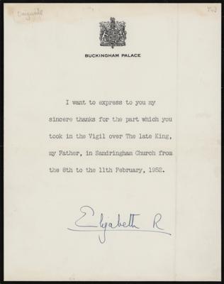 Lot #130 Queen Elizabeth II Typed Letter Signed on Death of King George VI - Image 1