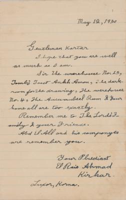 Lot #168 Howard Carter: Letter from Ahmad Kirkar