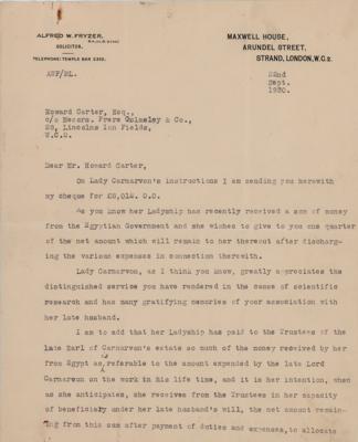 Lot #143 Howard Carter: Letter from Solicitor on Carnarvon's Payment - Image 1