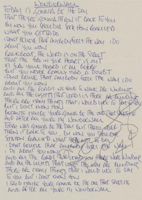 Lot #8441 Oasis: Noel Gallagher Handwritten and Signed Lyrics for 'Wonderwall'