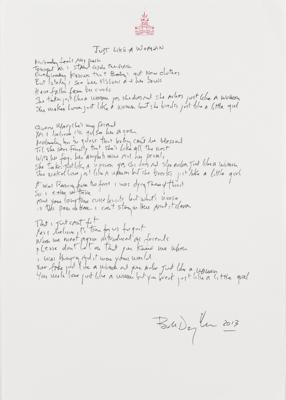 Lot #8015 Bob Dylan Signed Handwritten Lyrics for 'Just Like a Woman'