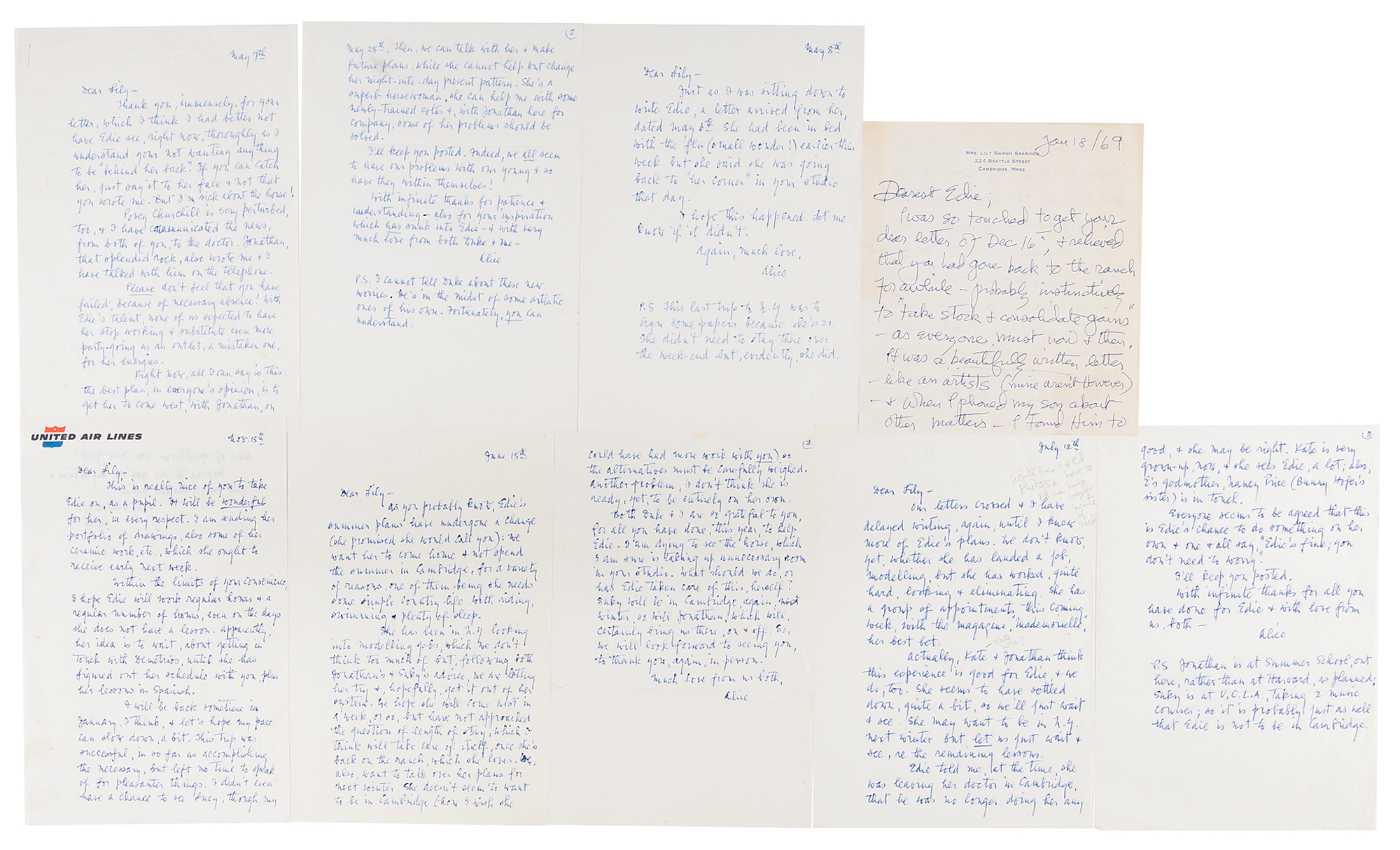 Lot #8039 Edie Sedgwick: Alice Sedgwick and Lily Saarinen (9) Handwritten Letters with Original Photograph of Edie