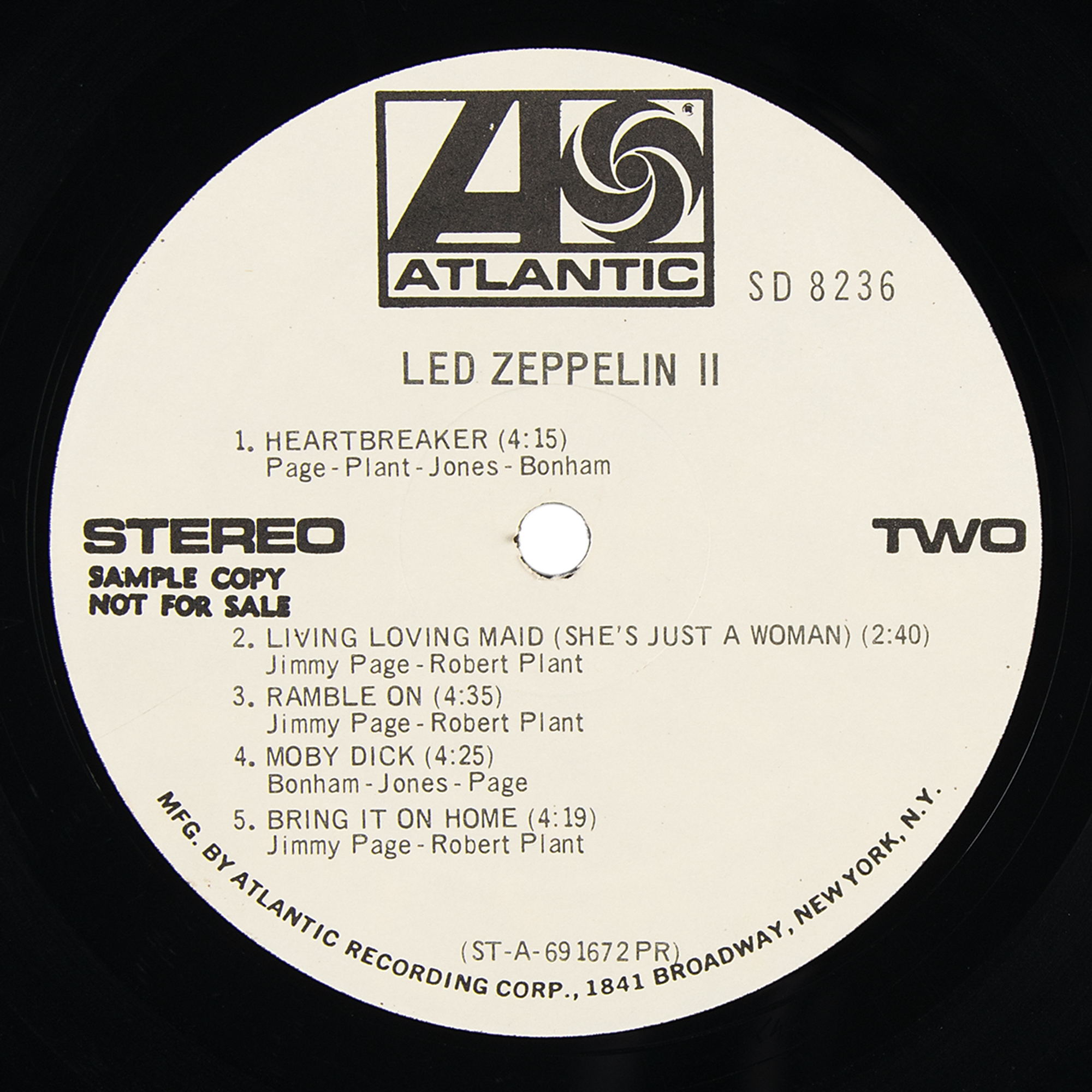 Højttaler sav Illustrer Led Zeppelin II U.S. Promotional 'Robert Ludwig' First Pressing Album  (Atlantic Records, SD 8236, Stereo) | Sold for $2,276 | RR Auction