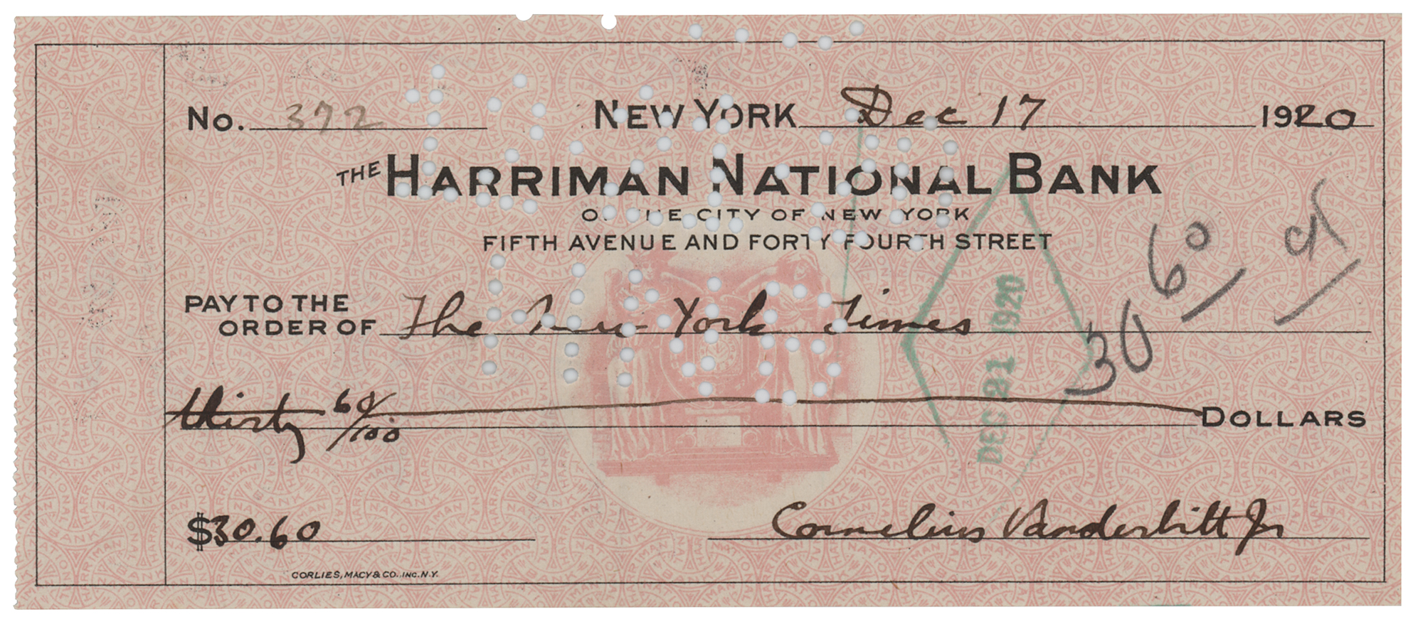 Lot #1232 Cornelius Vanderbilt IV Signed Check