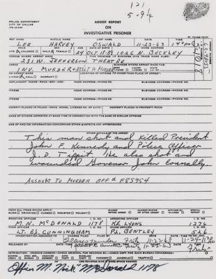 Lot #1180 Kennedy Assassination: Maurice 'Nick' McDonald Signed Arrest Report