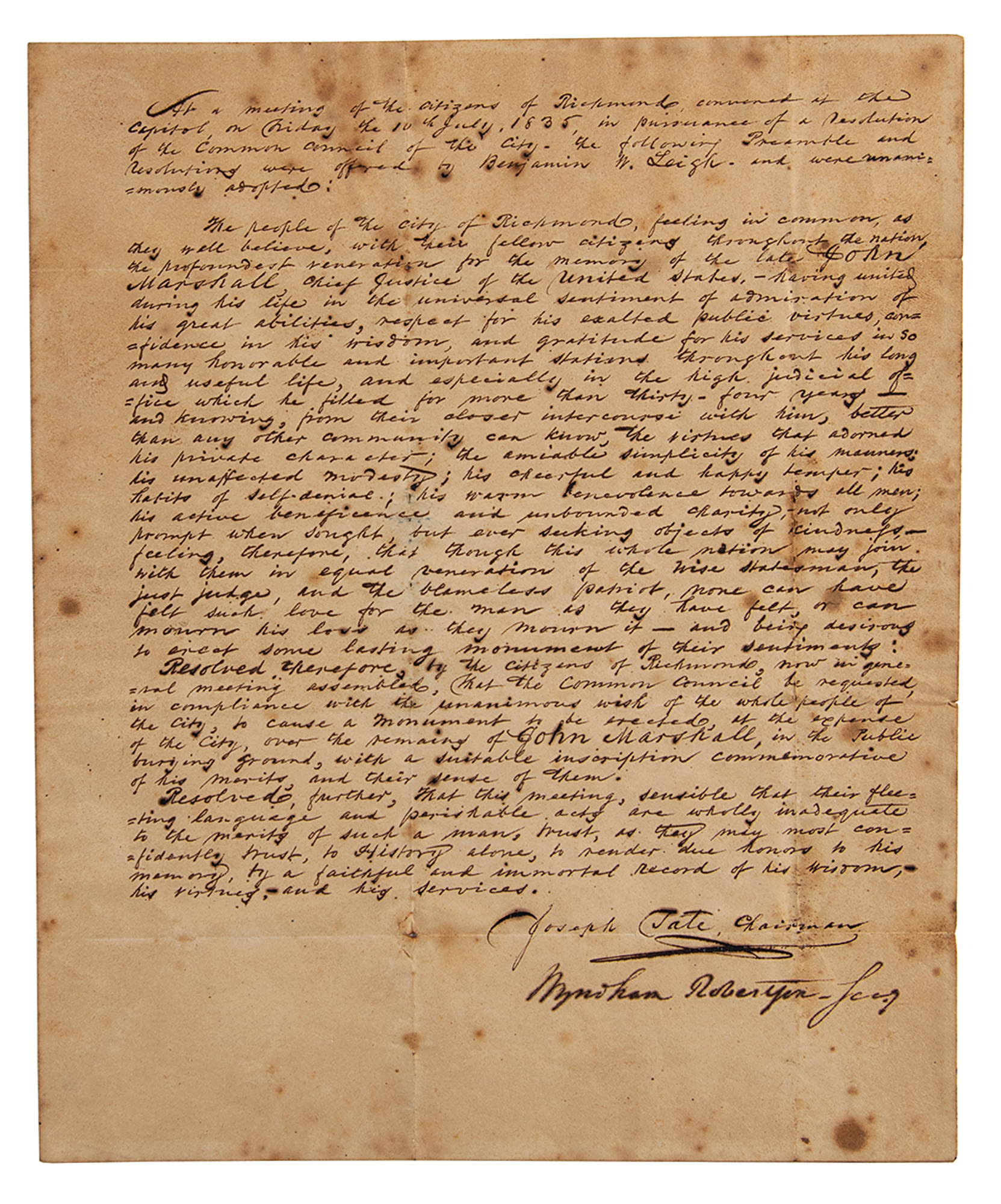 Lot #1087 John Marshall Eulogy: Handwritten Manuscript by Joseph Tate