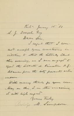 Lot #1048 Abraham Lincoln: Matthew Simpson Autograph Letter Signed