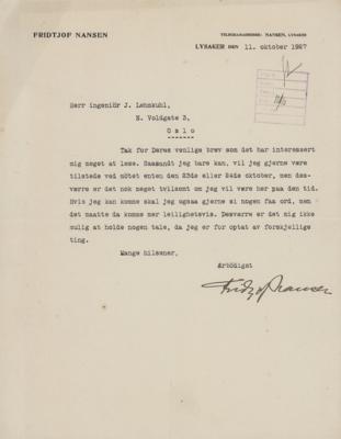 Lot #1191 Fridtjof Nansen Typed Letter Signed