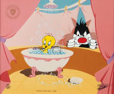 Lot #1470 Sylvester and Tweety Serigraph Cel from 'Peeping Tom II' signed by Friz Freleng