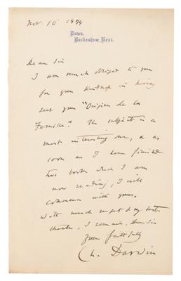 Lot #1094 Charles Darwin Autograph Letter Signed