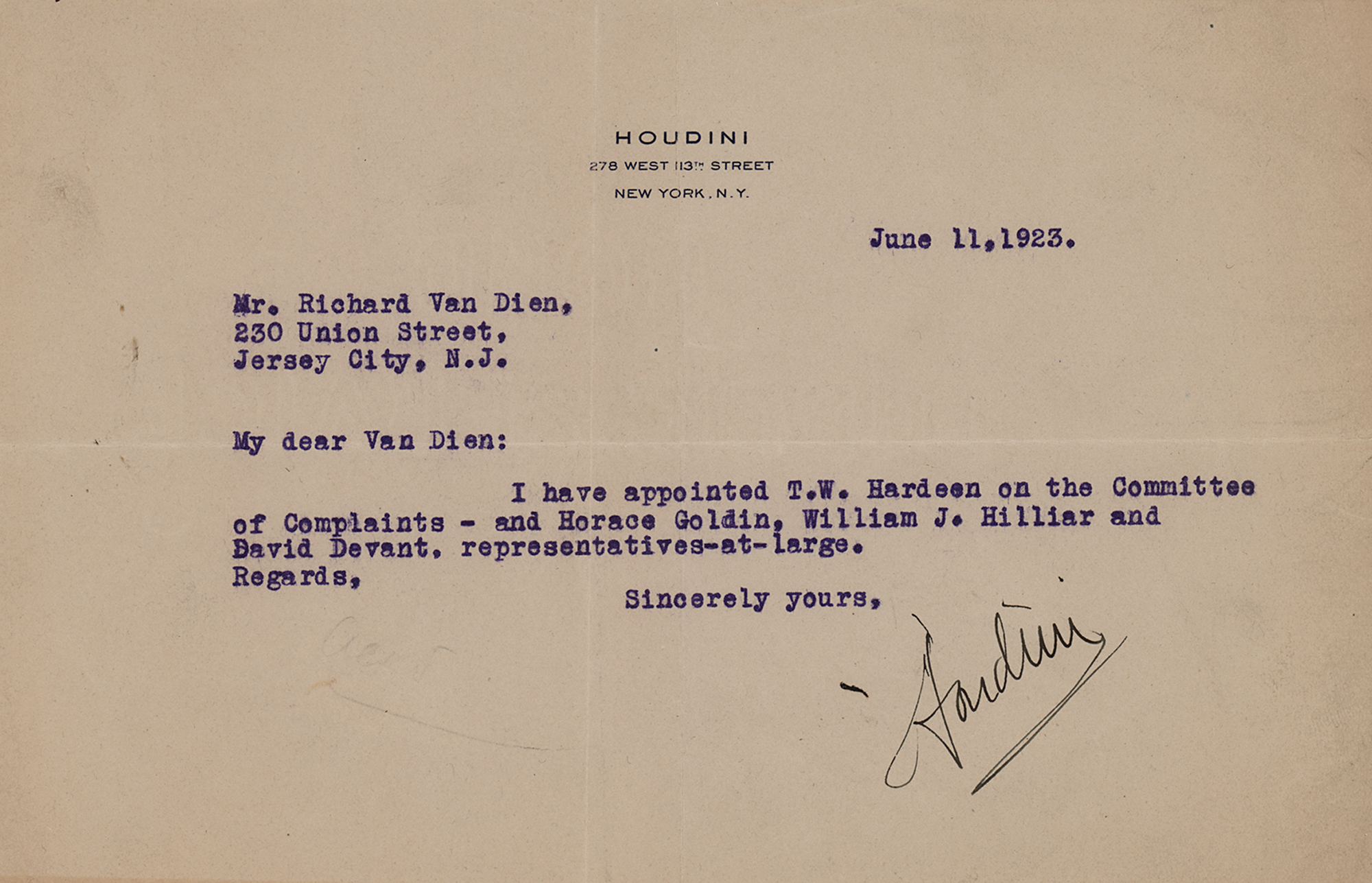 Lot #1663 Harry Houdini Typed Letter Signed