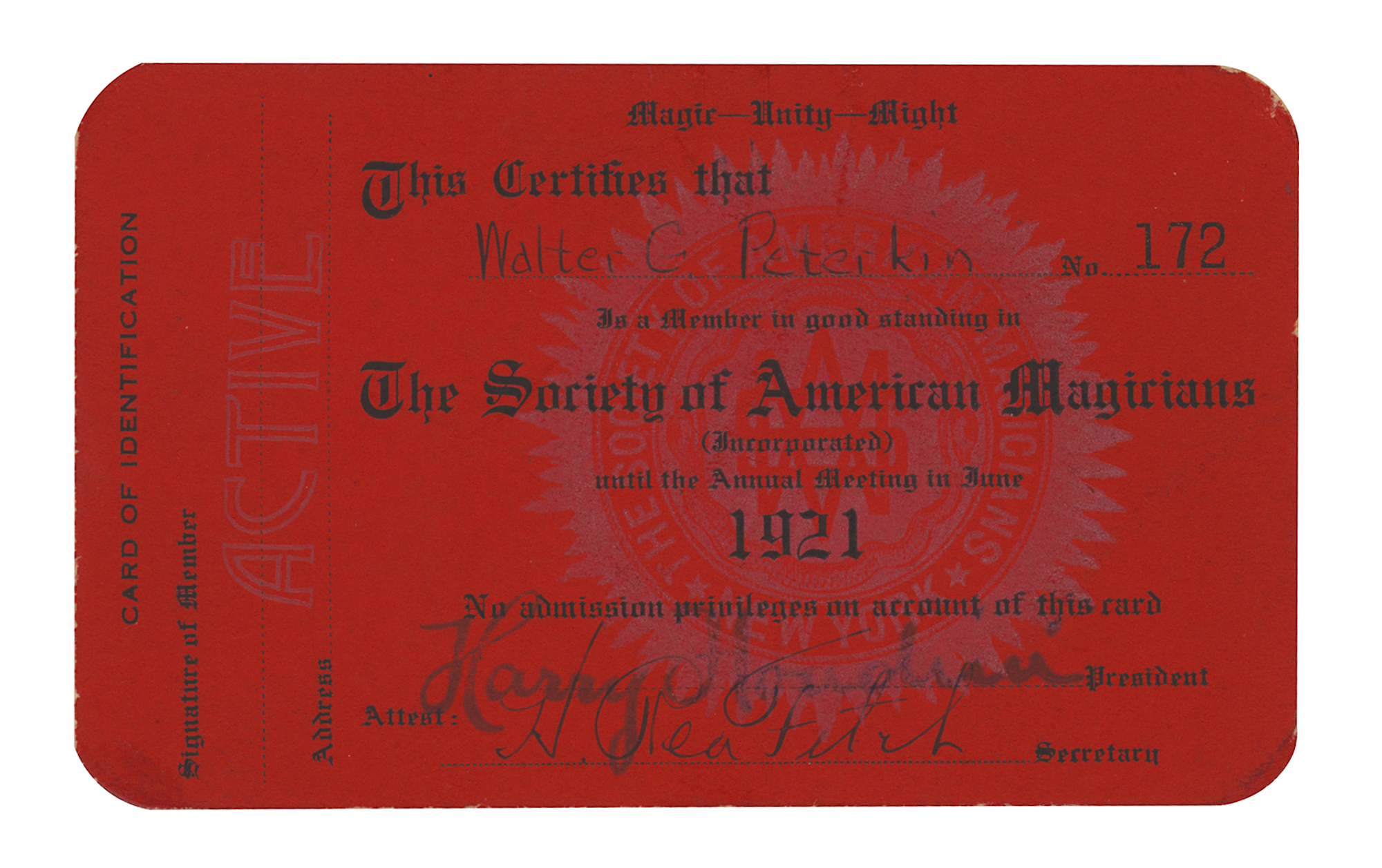 Lot #1664 Harry Houdini Signed SAM Membership Card