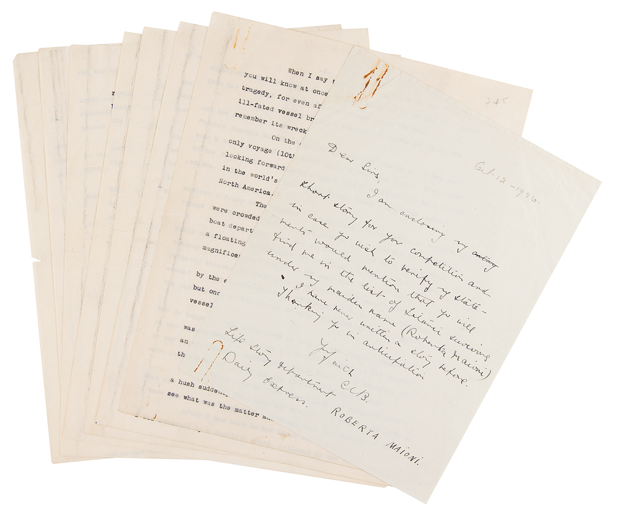 Lot #1119 Titanic: Roberta Maioni Autograph Letter Signed with Typescript