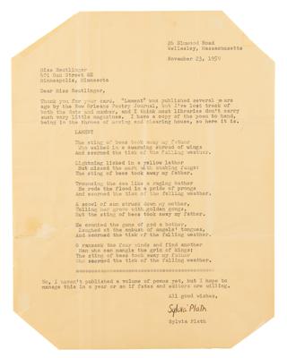 Lot #1509 Sylvia Plath Typed Letter Signed with Poem: 'Lament'