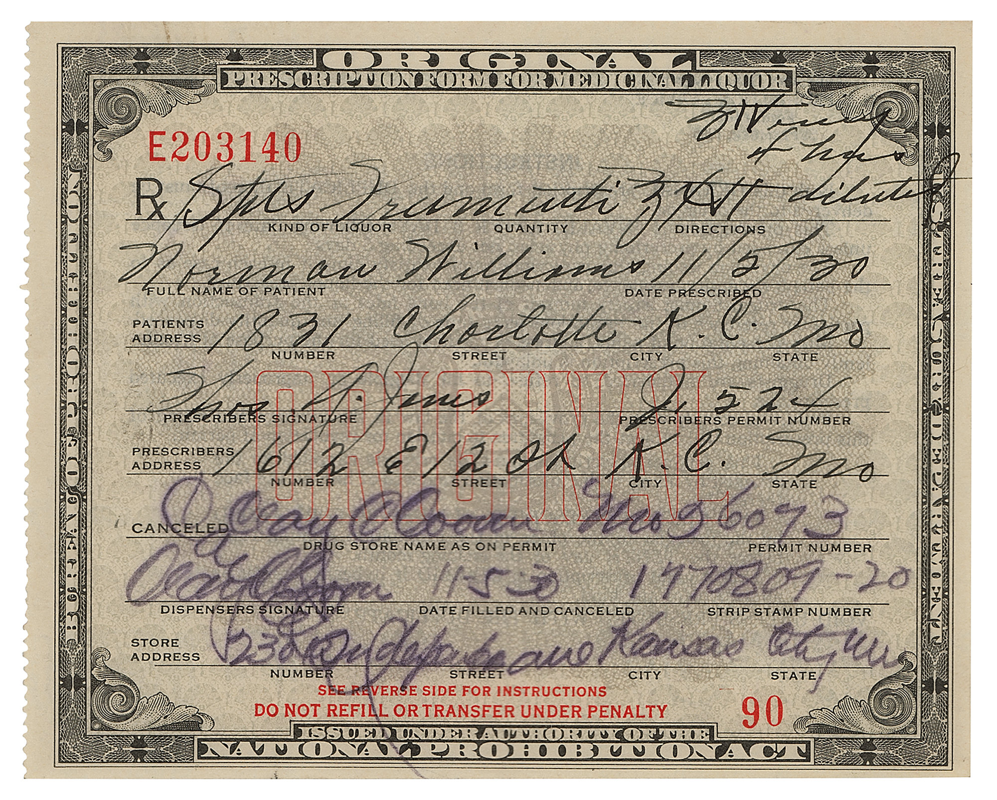 Lot #1203 Prohibition: 1930 Liquor Prescription