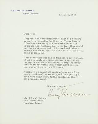Lot #1071 Harry S. Truman Typed Letter Signed as President