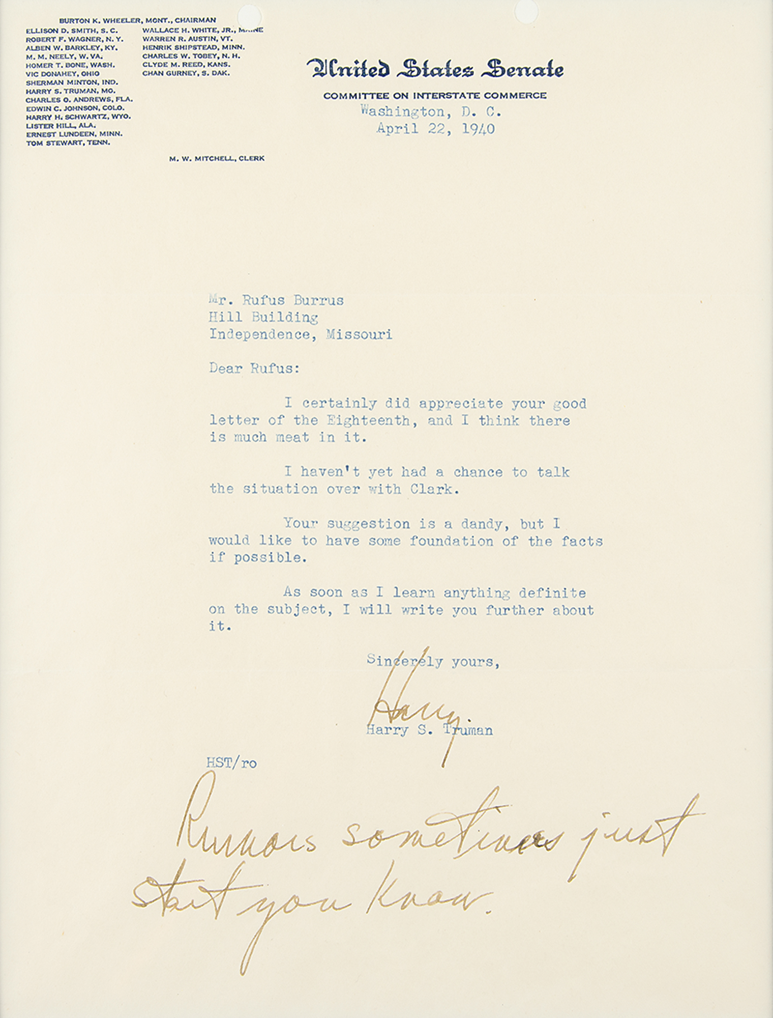 Lot #1015 Harry S. Truman Typed Letter Signed