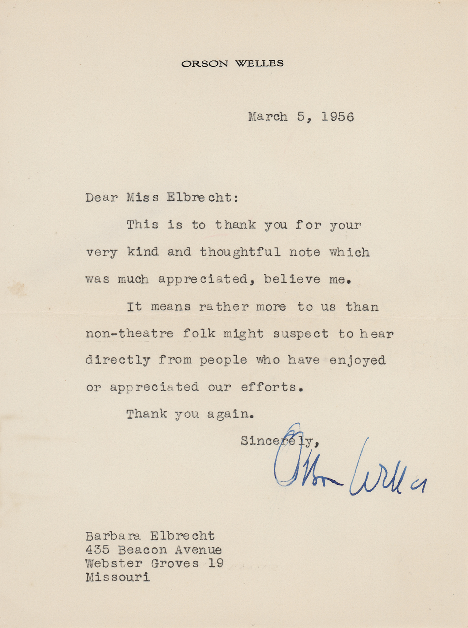Lot #1780 Orson Welles Typed Letter Signed