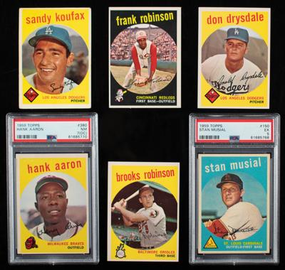Lot #1831 1959 Topps Baseball Lot of (6) HOFers with Aaron, Musial, and Koufax - Image 1
