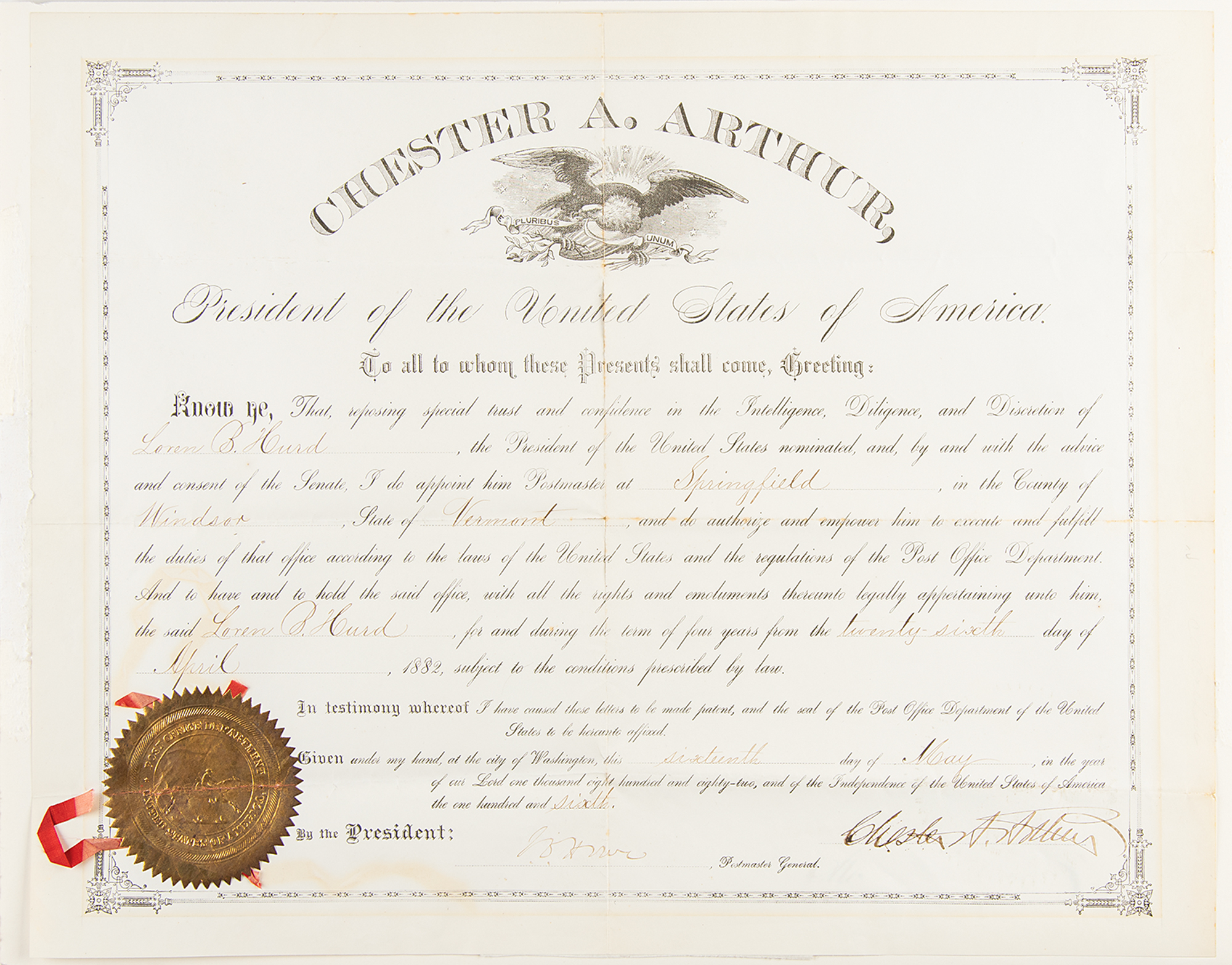 Lot #1009 Chester A. Arthur Document Signed as President