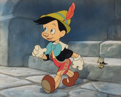 Lot #1343 Jiminy Cricket production cel and Pinocchio publicity cel on master background from Pinocchio