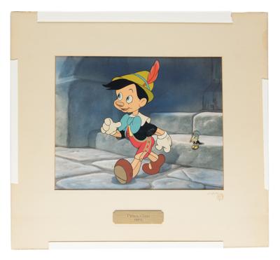Lot #1343 Jiminy Cricket production cel and Pinocchio publicity cel on master background from Pinocchio - Image 2