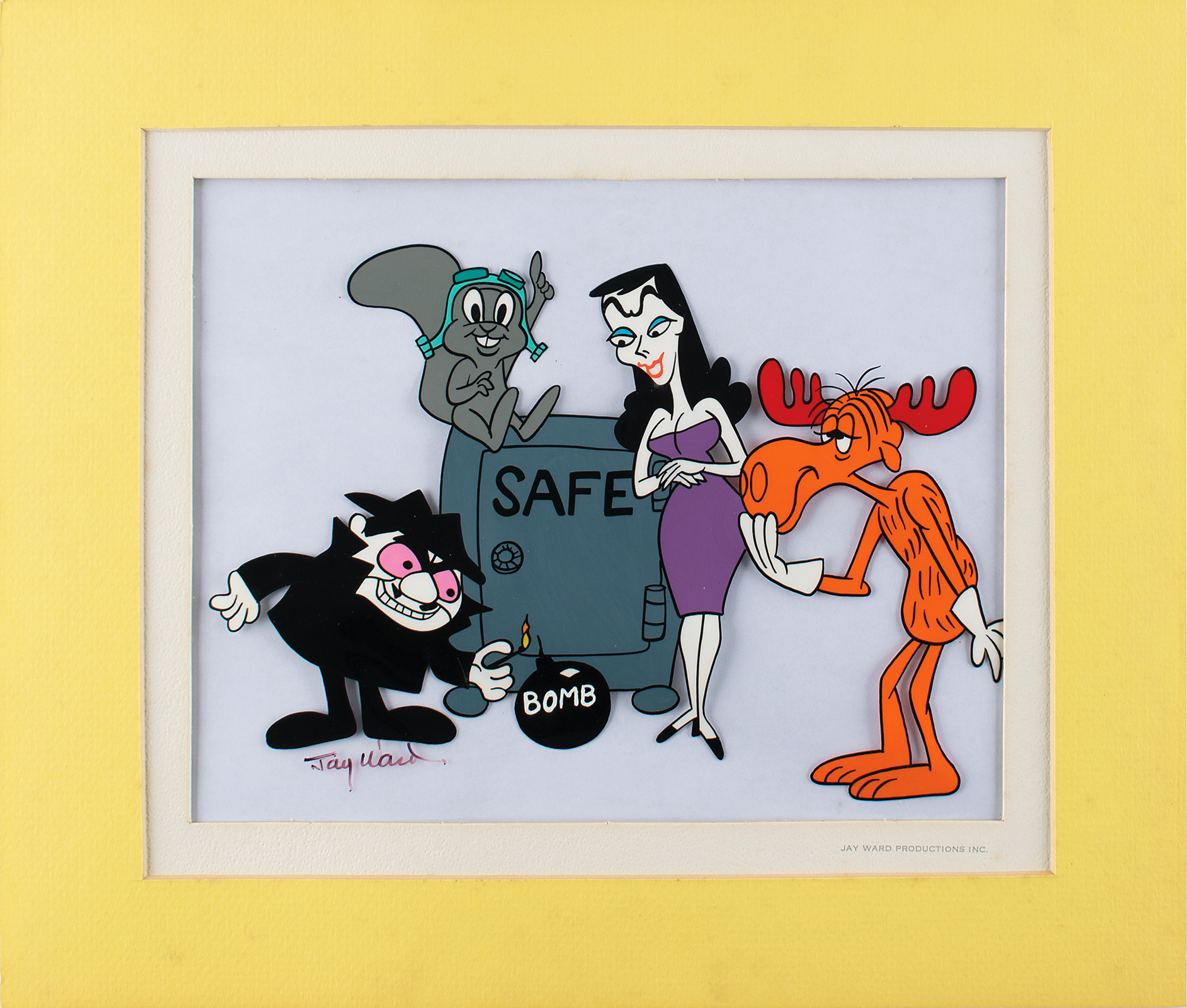 Lot #1492 Rocky, Bullwinkle, Boris, and Natasha scene cel from The Adventures of Rocky and Bullwinkle and Friends signed by Jay Ward