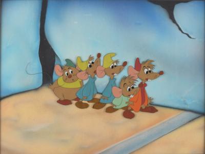 Lot #1365 Gus, Jaq, Bert, Mert, and Luke production cels and custom painted background from Cinderella - Image 1