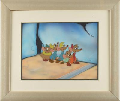 Lot #1365 Gus, Jaq, Bert, Mert, and Luke production cels and custom painted background from Cinderella - Image 2