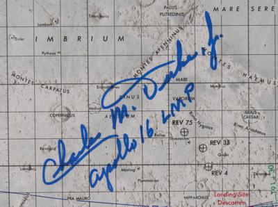 Lot #83 Charlie Duke Signed Apollo 16 Lunar Orbit Chart - Image 2