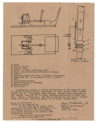 Lot #144 Hugh G. Nicholson, Jr. Signed Airplane Training Patent Drawing